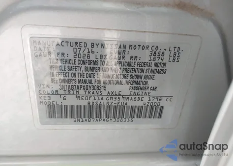 2016 Nissan Sentra Sr из США, поврежденный, VIN 3N1AB7APXGY308315